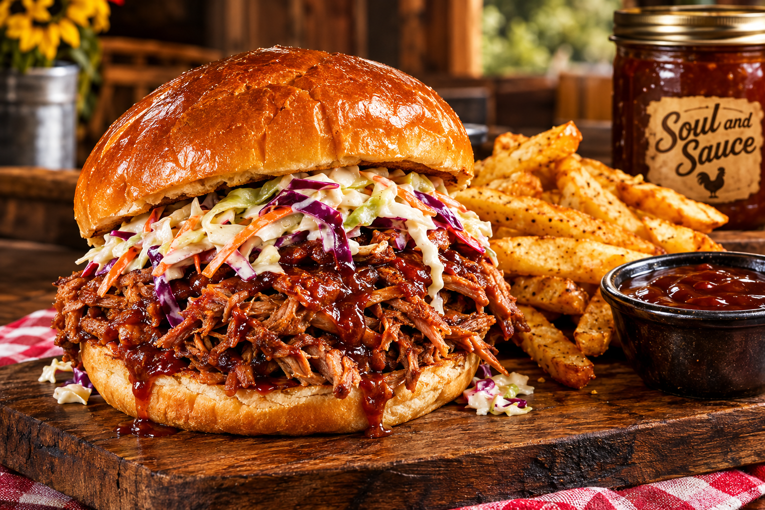 Soul and Sauce signature pulled pork sandwich